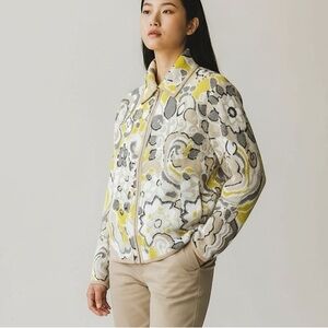 St. John Floral Jacket in Yellow and Gray zip up sweater long sleeve
